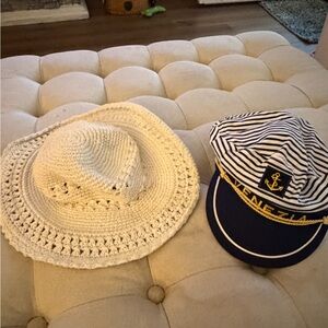 Venezia Ladies Crochet Cream and Striped Blue Hat Duo